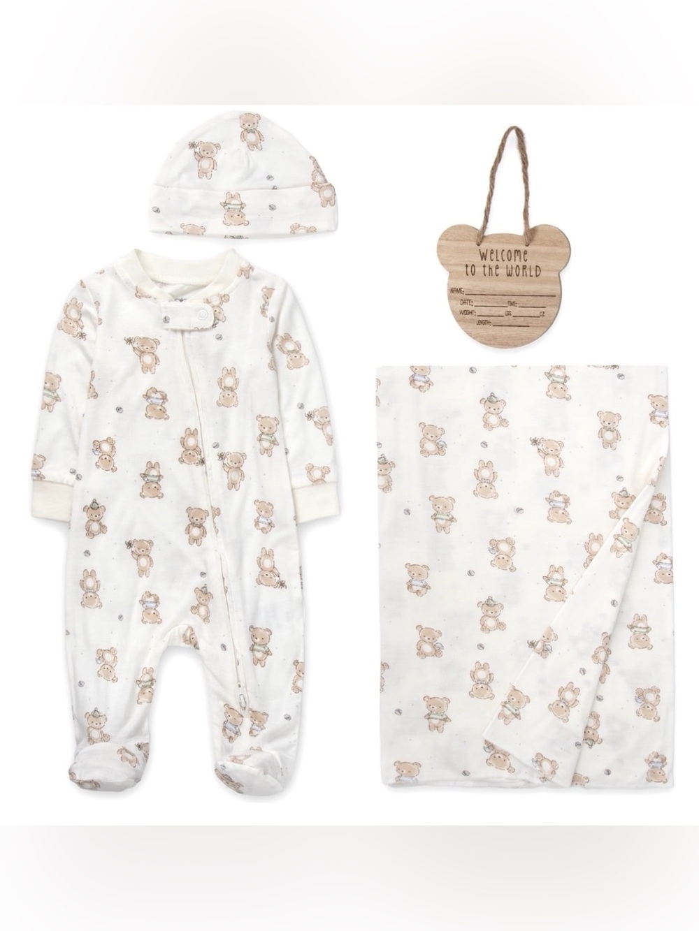 Baby Essentials Boys Romper Footie 4 Piece Set in Tan with Hat Blanket & Sign 3M